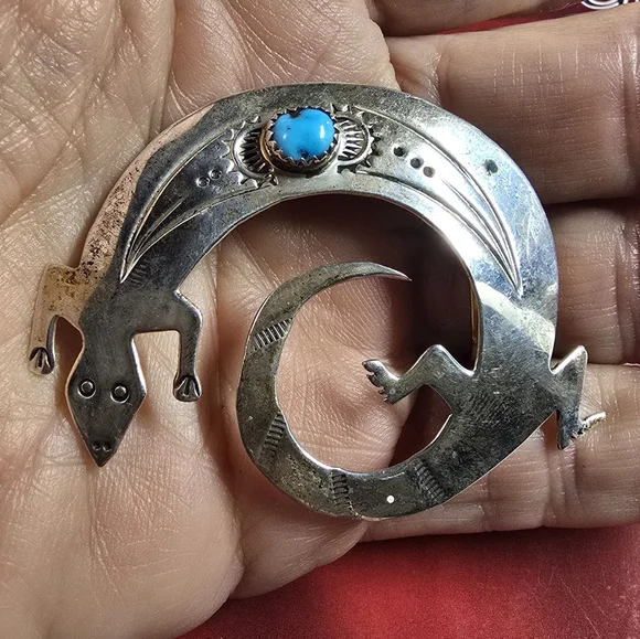 Vintage Sterling Silver Lizard Brooch with Turquoise Accent Stamped HIJE - Picture 4 of 5